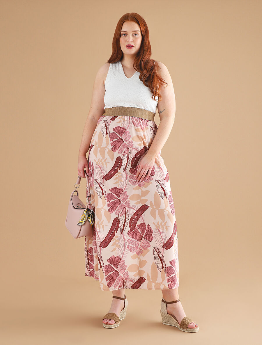 Robe longue bi-matière imprimé feuilles - Beige - 7