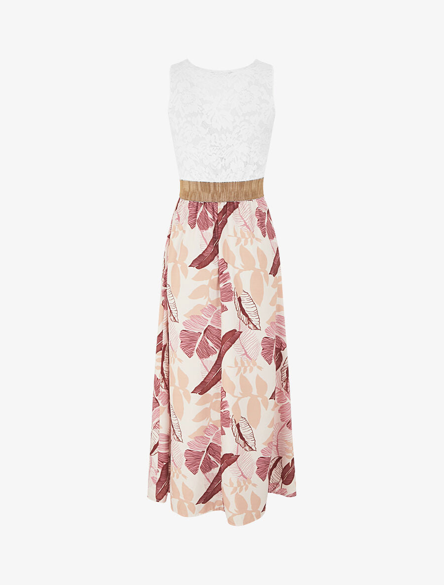 Robe longue bi-matière imprimé feuilles - Beige - 3