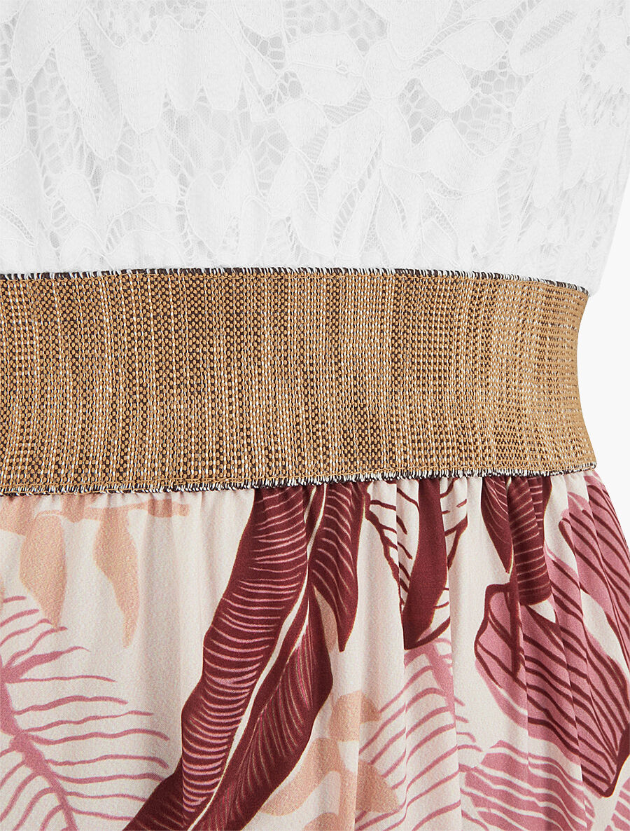 Robe longue bi-matière imprimé feuilles - Beige - 4