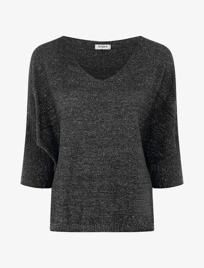 Pull en maille pailletée à manches chauves-souris - Noir - 1