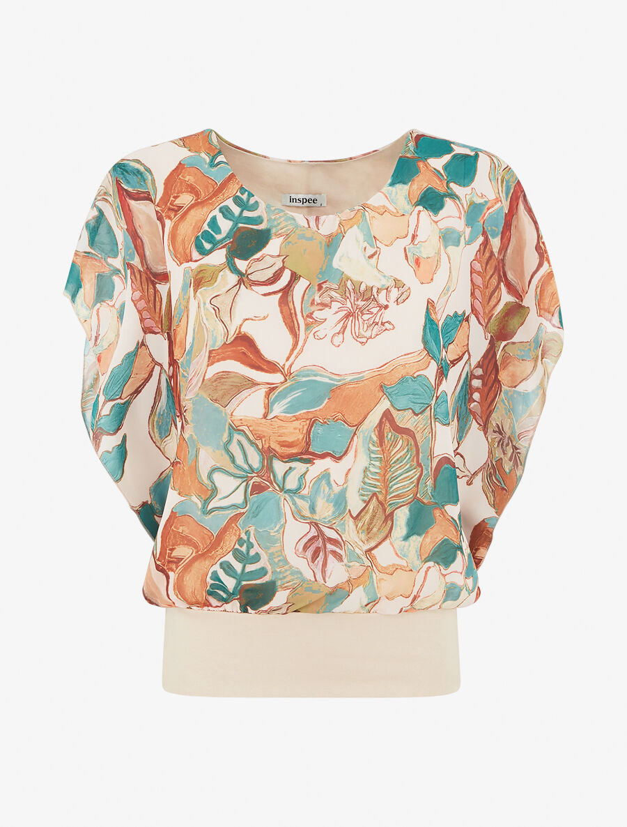 Blouse imprimé feuilles à manches volantées - Beige - 1