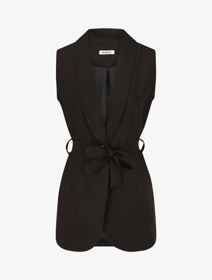 Blazer long uni sans manches - Noir - 1