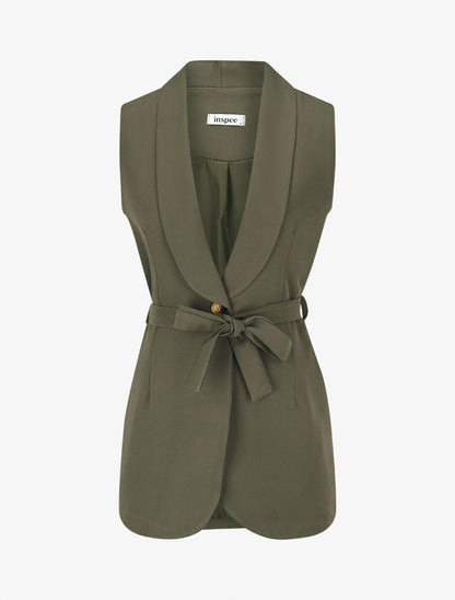 Blazer long uni sans manches - Kaki - 1