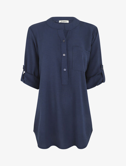 Blouse unie à manches retroussables - Marine - 1