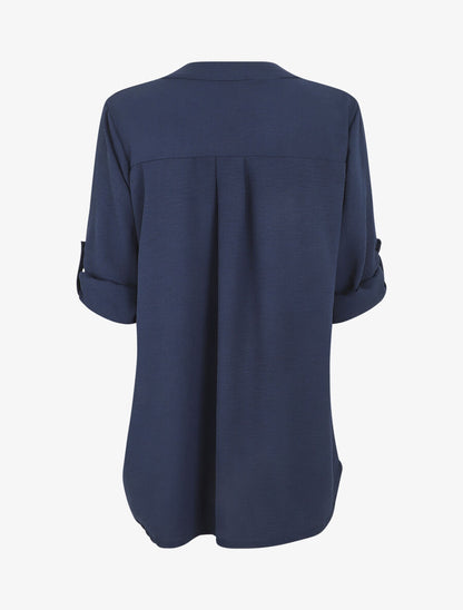 Blouse unie à manches retroussables - Marine - 2
