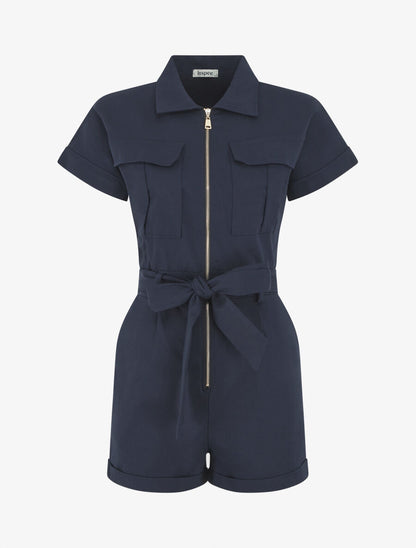 Combishort uni ceinturé et zippé - Marine - 1
