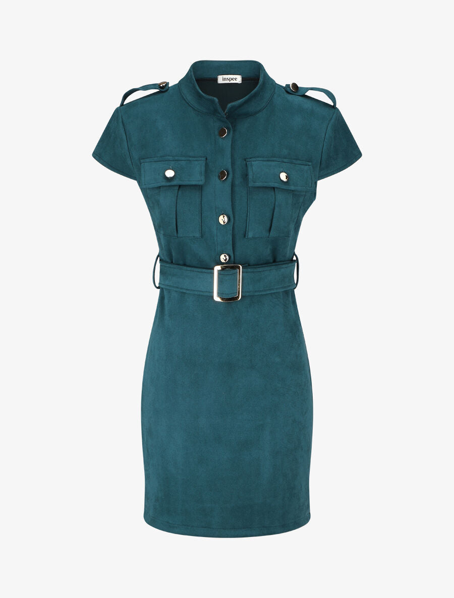 Robe courte en suédine ceinturée - Bleu canard - 5