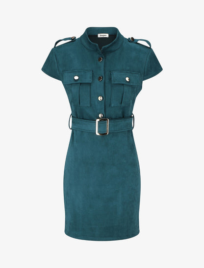 Robe courte en suédine ceinturée - Bleu canard - 5