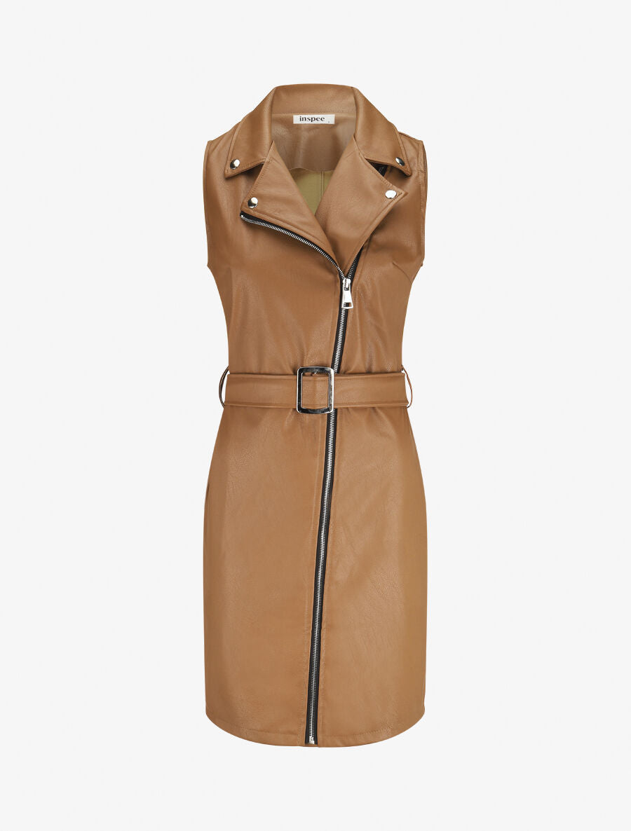 Robe en simili à fermeture zippée et ceinturée - Camel - 1