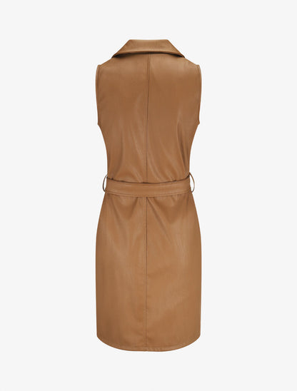 Robe en simili à fermeture zippée et ceinturée - Camel - 2