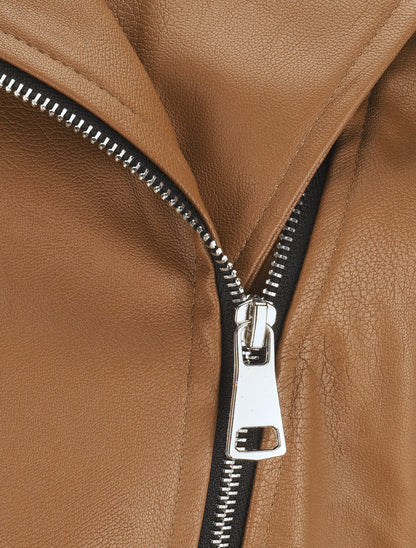 Robe en simili à fermeture zippée et ceinturée - Camel - 3