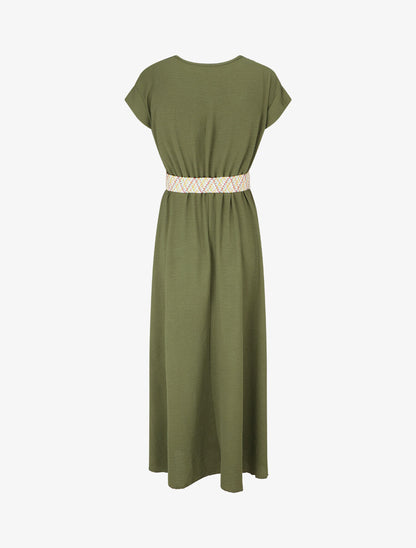 Robe longue unie élastiquée et ceinturée - Kaki - 2