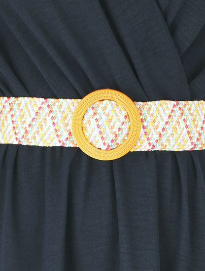 Robe longue unie élastiquée et ceinturée - Marine - 3