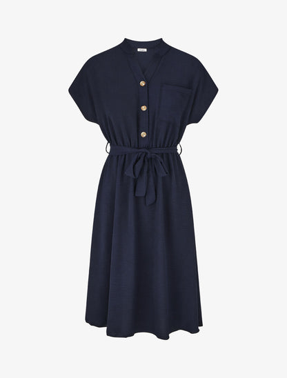 Robe mi-longue élastiquée - Marine - 1