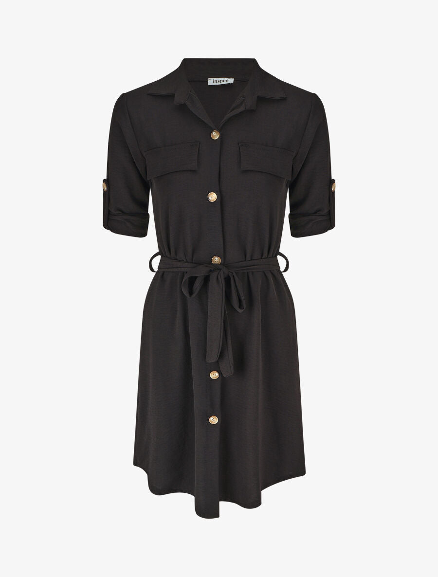 Robe chemise à manches retroussables - Noir - 4