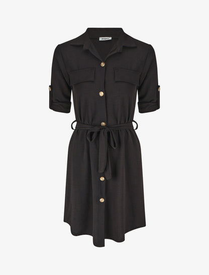 Robe chemise à manches retroussables - Noir - 4