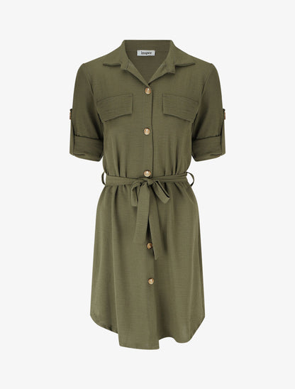 Robe chemise à manches retroussables - Kaki - 1