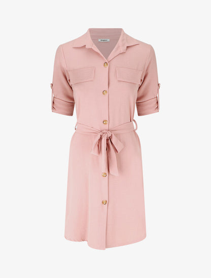 Robe chemise à manches retroussables - Rose - 1