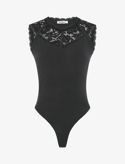 Body côtelé sans manches à dentelle - Noir - 4