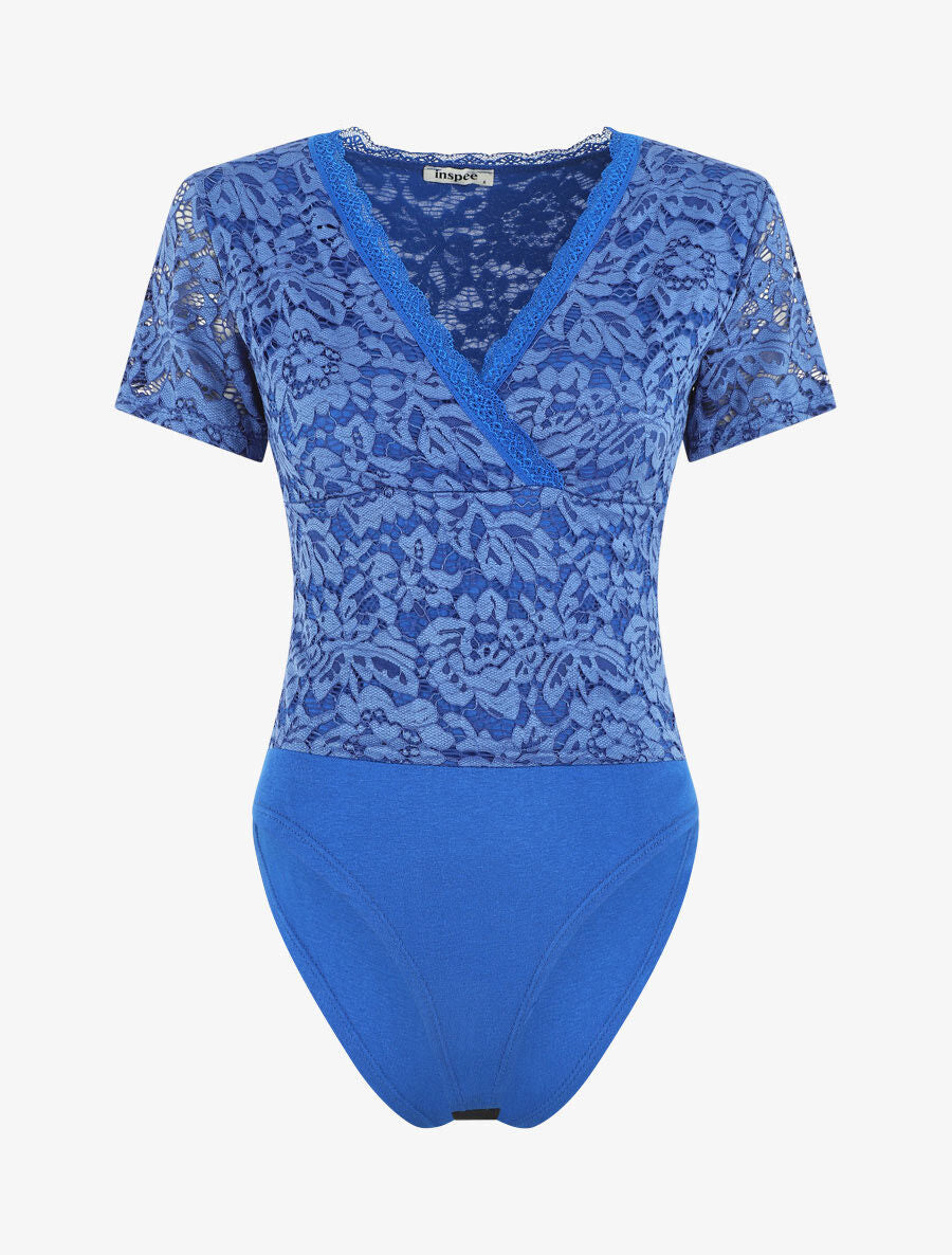 Body manches courtes en dentelle - Bleu - 4