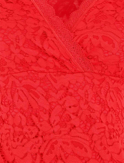 Body manches courtes en dentelle - Rouge - 3