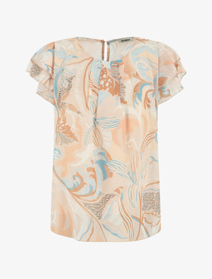 Top droit fleuri manches courtes volantées - Beige - 1