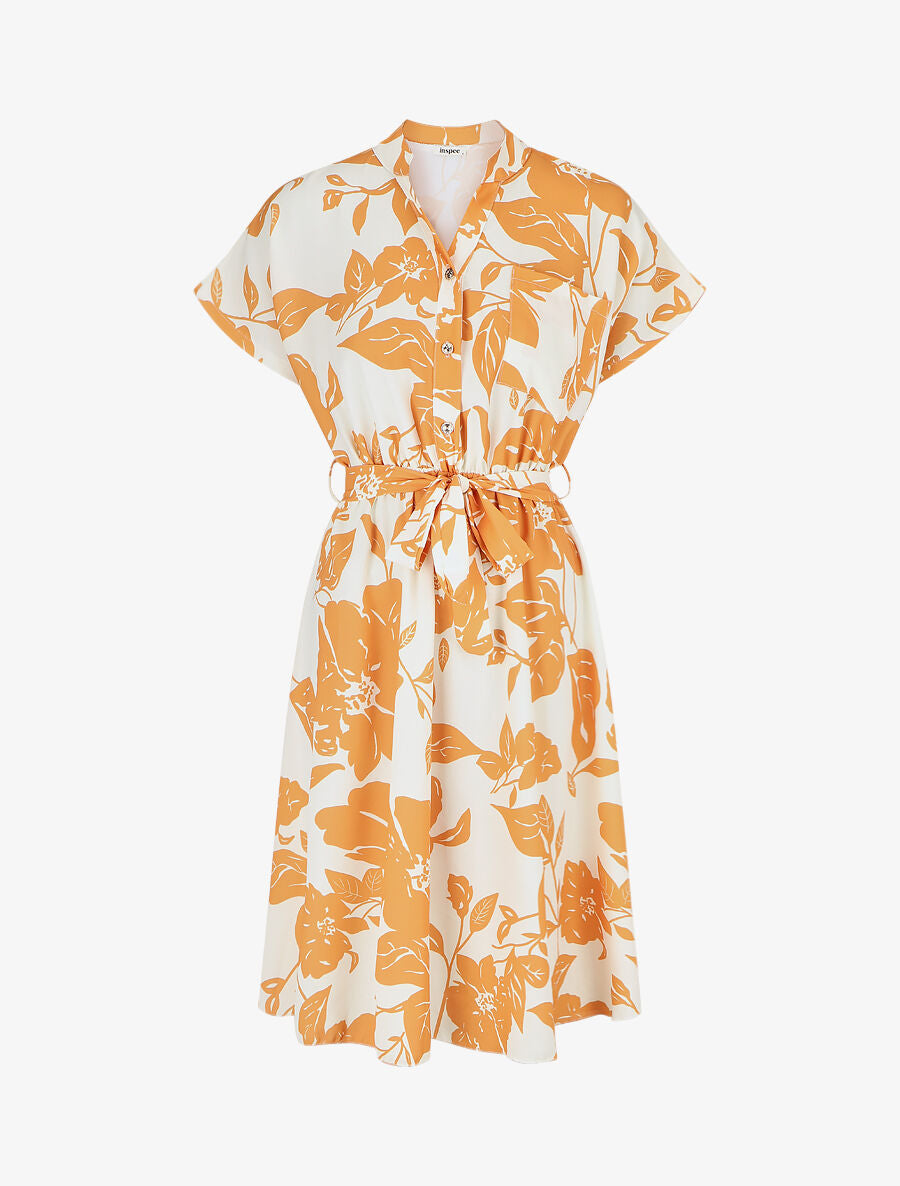 Robe longue élastiquée imprimé feuilles - Orange - 4