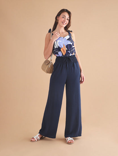 Top feuillage à nouer aux épaules - Marine - 4