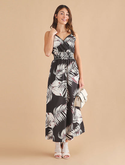 Robe empire imprimé feuilles - Noir - 4