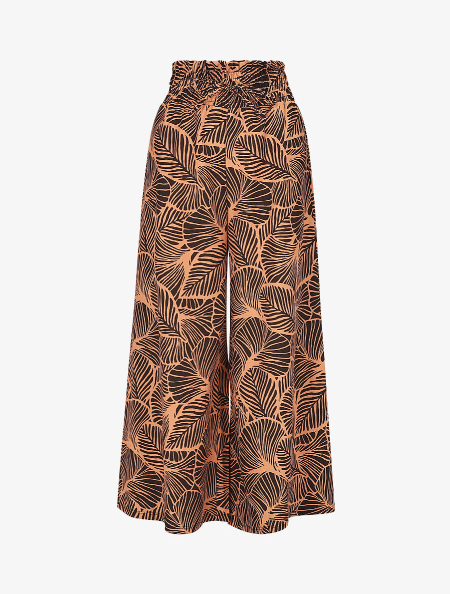 Pantalon ample taille haute imprimé feuilles - Noir - 1