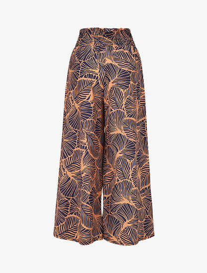 Pantalon ample taille haute imprimé feuilles - Marine - 2