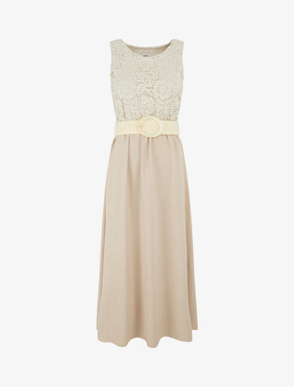Robe longue à buste brodé - Beige - 1