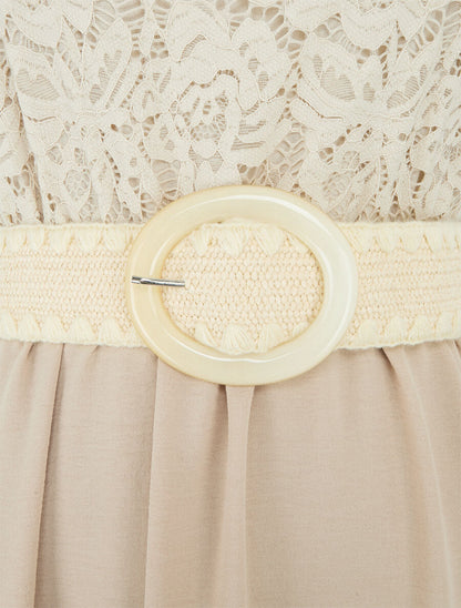 Robe longue à buste brodé - Beige - 3
