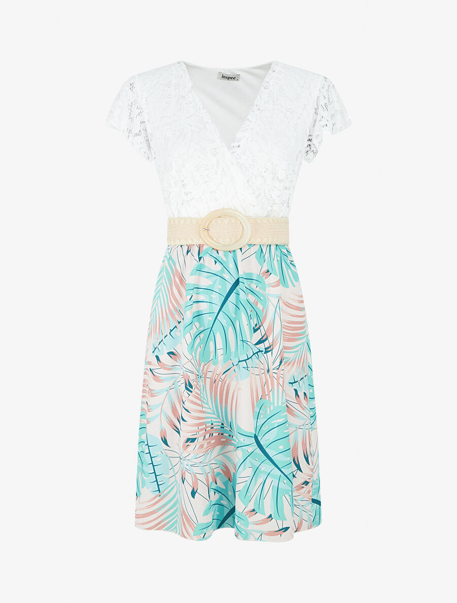 Robe mi-longue à jupe imprimé tropical - Vert d&