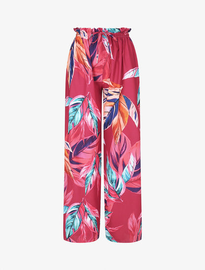 Pantalon ample taille haute imprimé feuilles - Fuchsia - 1