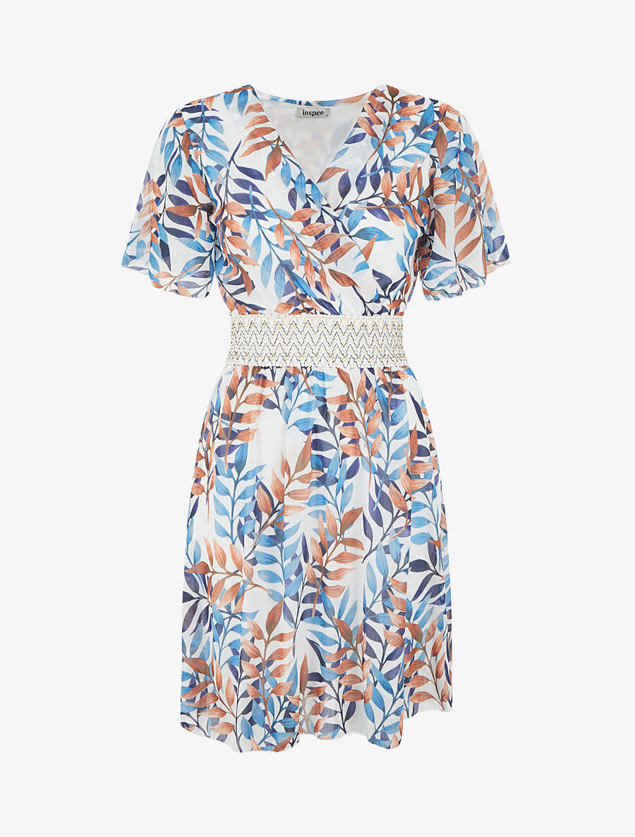 Robe mi-longue imprimé feuillage et bande large - Bleu - 5