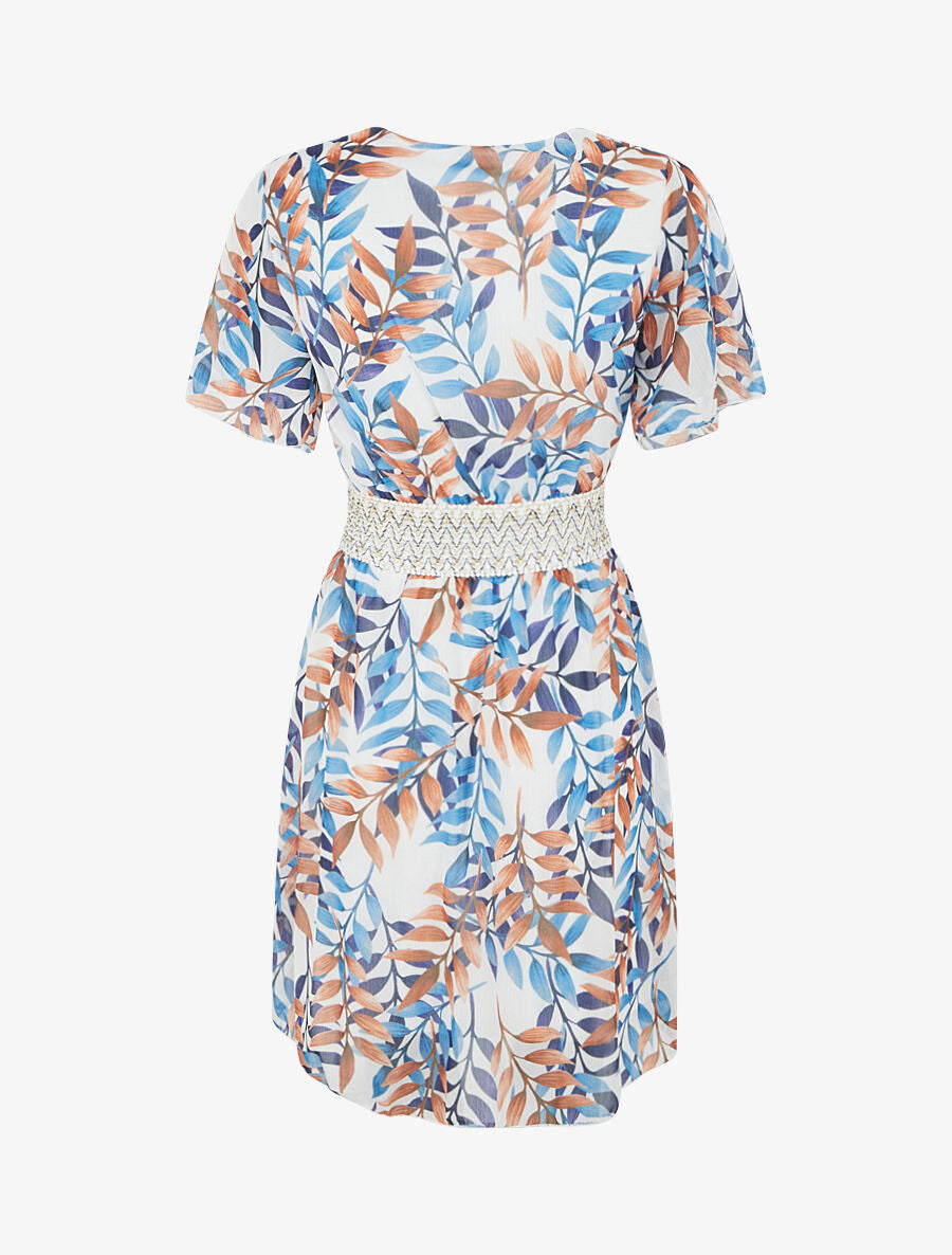 Robe mi-longue imprimé feuillage et bande large - Bleu - 2