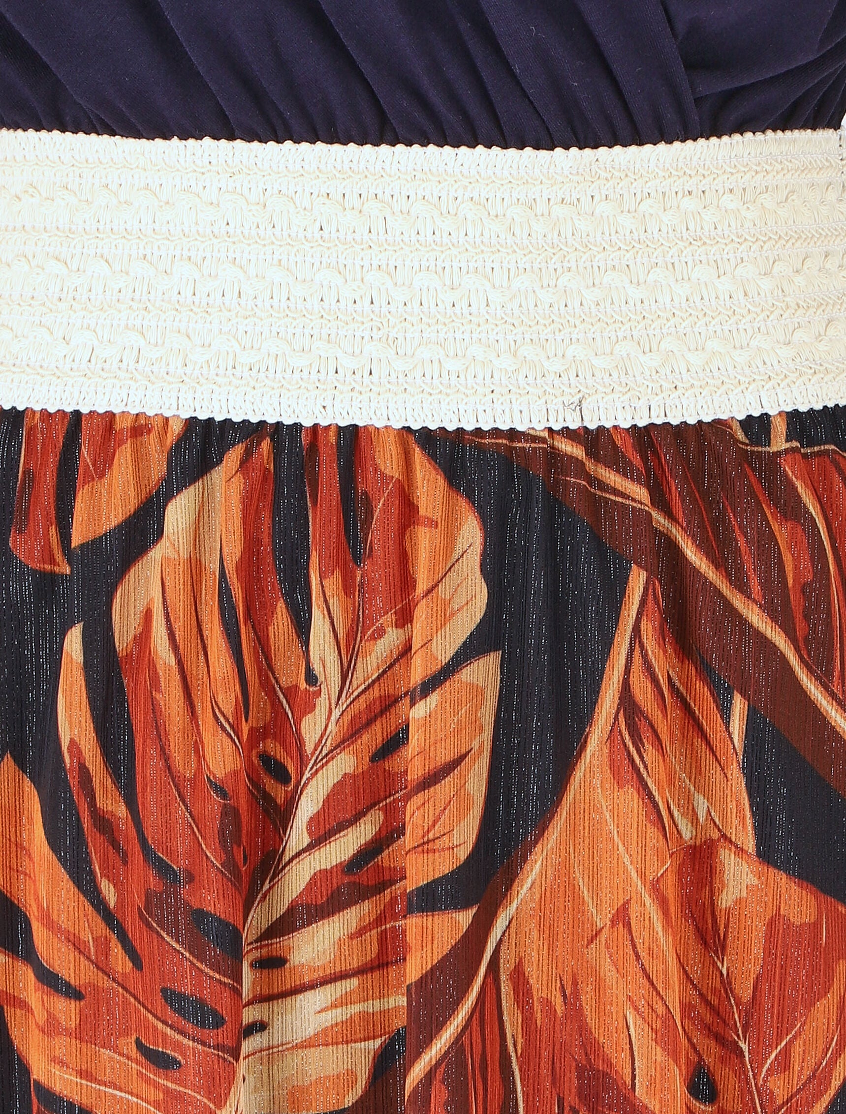 Robe longue bi-matière sans manches imprimé tropique - Marine - 3