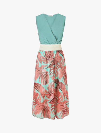 Robe longue bi-matière sans manches imprimé tropique - Vert d&