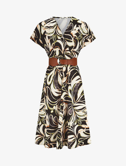 Robe longue évasée imprimé fleurs abstraites - Noir - 1