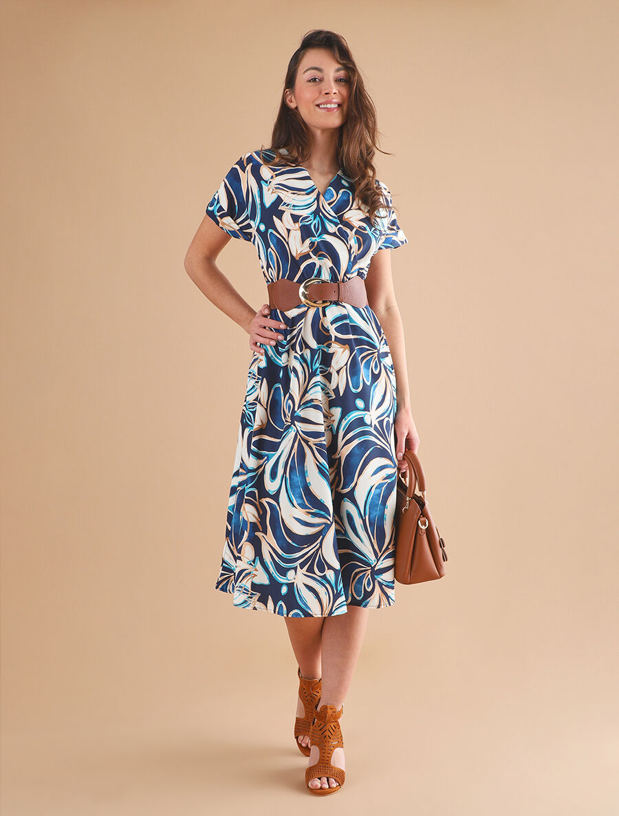 Robe longue évasée imprimé fleurs abstraites - Marine - 4