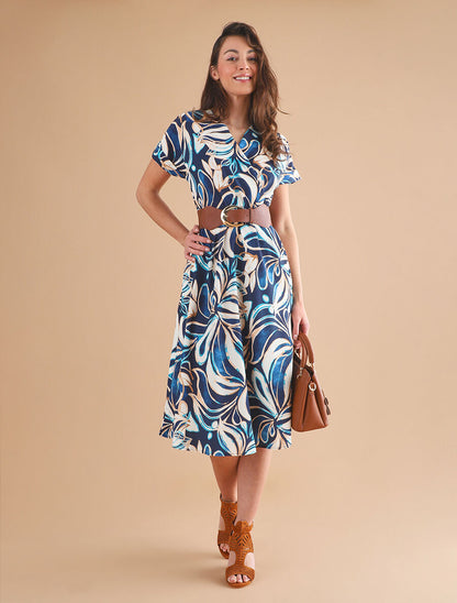 Robe longue évasée imprimé fleurs abstraites - Marine - 4