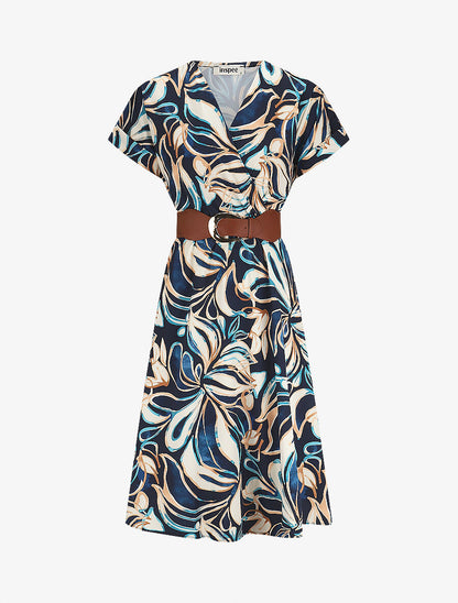 Robe longue évasée imprimé fleurs abstraites - Marine - 5