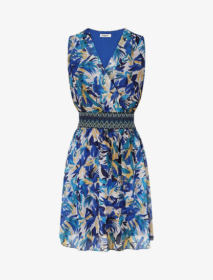 Robe mi-longue sans manches irisée motif végétal - Bleu foncé - 1