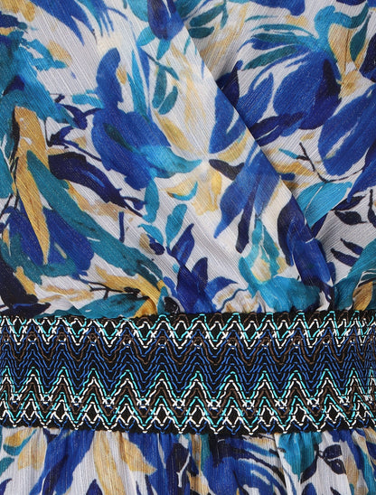 Robe mi-longue sans manches irisée motif végétal - Bleu foncé - 3