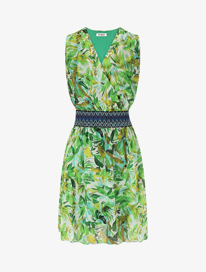 Robe mi-longue sans manches irisée motif végétal - Vert - 1