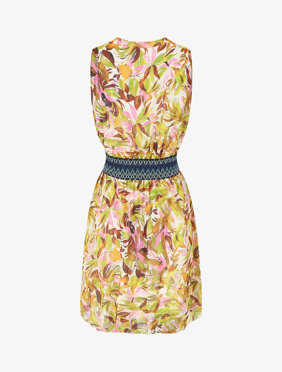 Robe mi-longue sans manches irisée motif végétal - Camel/rose - 2