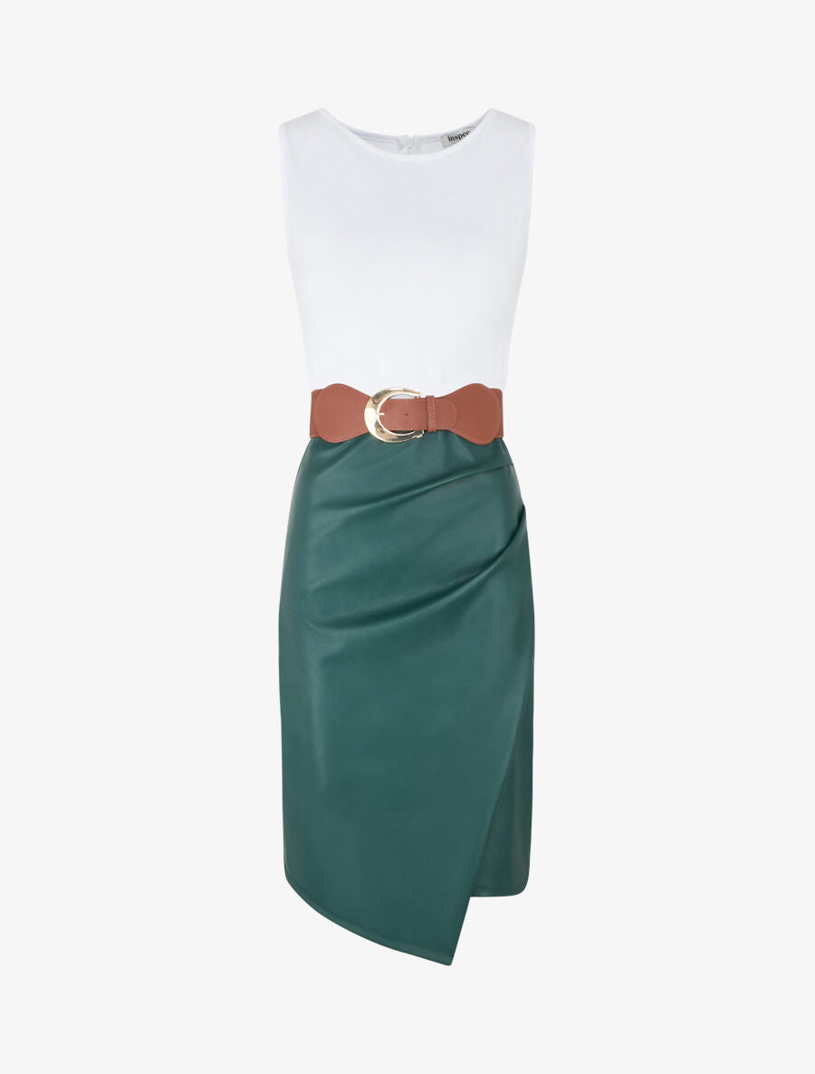 Robe midi bi-matière sans manches - Vert foncé - 1
