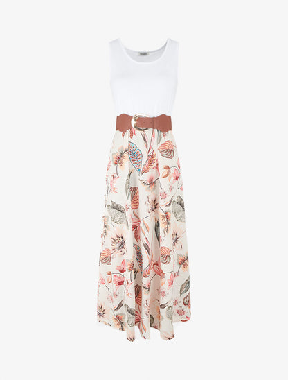 Robe longue à jupe imprimé fleuri - Beige - 1