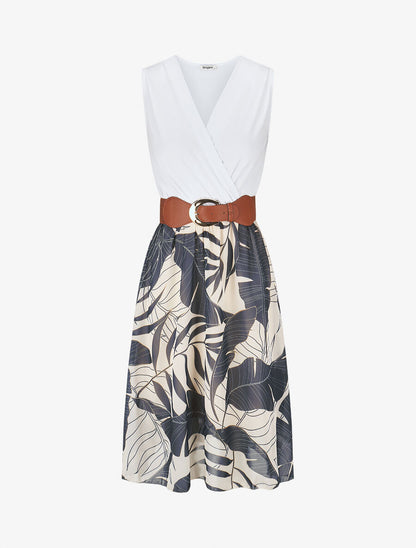 Robe élastiquée à jupe imprimé feuilles - Marine - 1